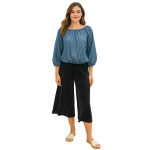 Chicos 2 (L) acetate pull on slinky gaucho wide leg crop pants black stretch